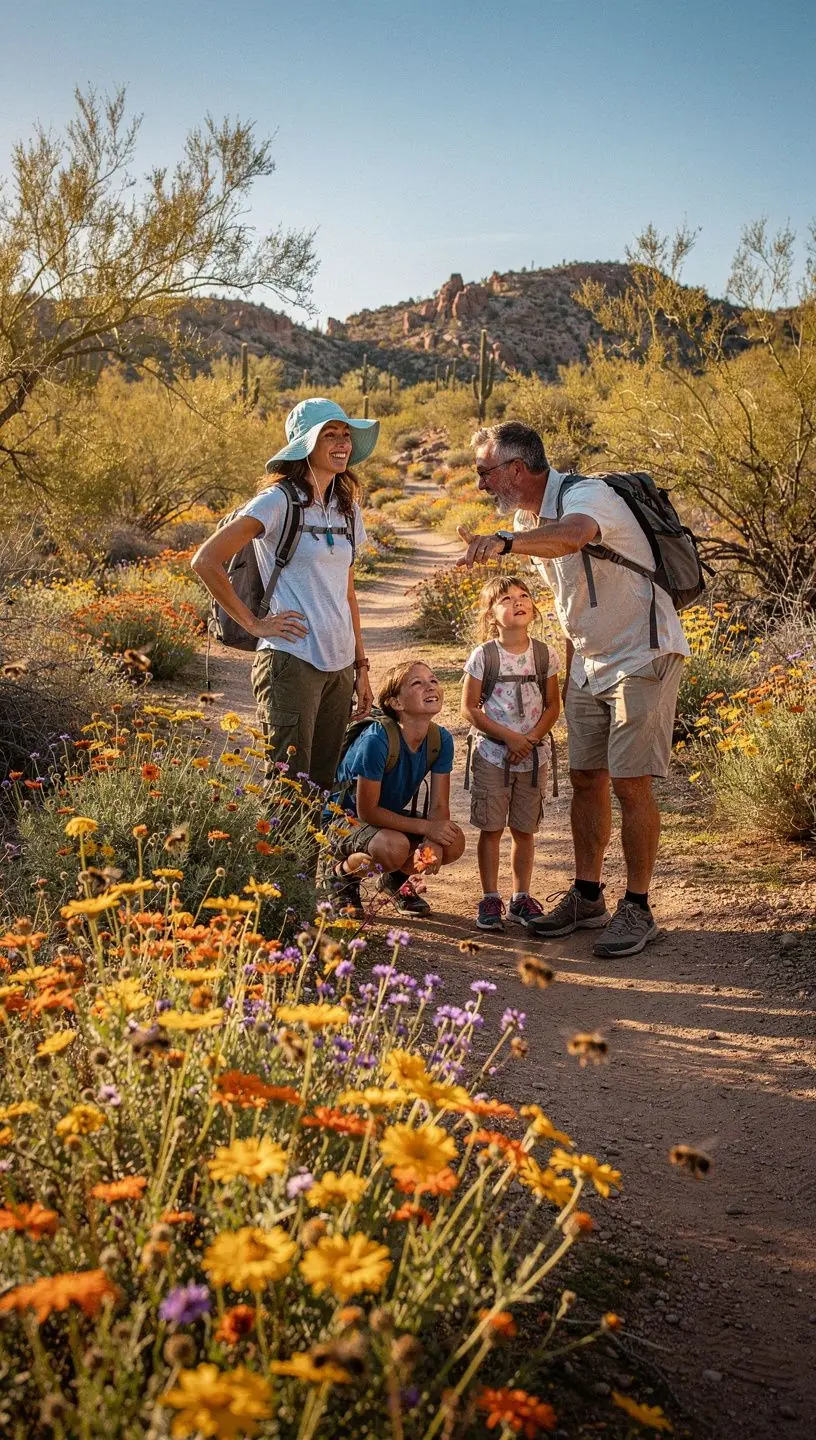 Пейзаж с кактусами на фоне массивных скал и яркого неба