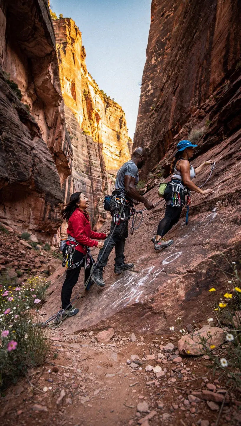 Панорамный вид на Зионский каньон с облаками на горизонте.