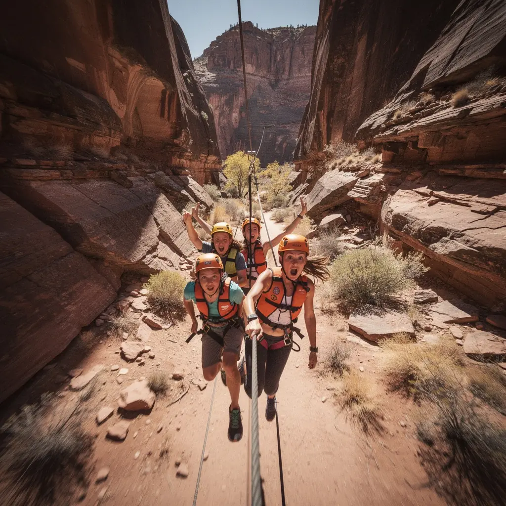 Группа туристов, исследующих живописный маршрут через красные скалы в национальном парке Зион.