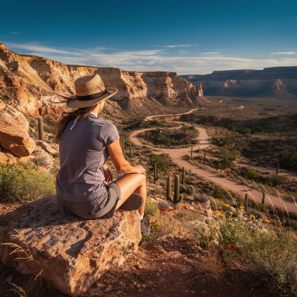 Солнечный день в пустыне с яркими цветами и удивительными формами камней в каньоне.